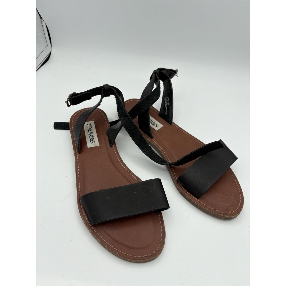 Steve Madden Shoes Womens Size 7.5 Black Strappy Flat Casual Sandals Ankle Strap